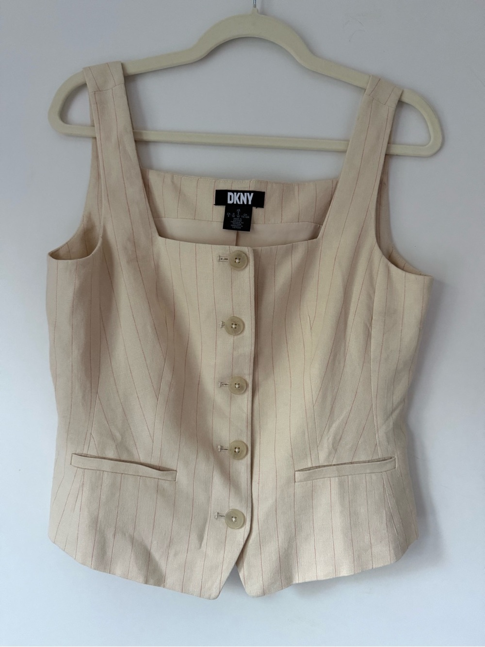 DKNY Cream Linen Pinstripe Button-Front Women's Vest